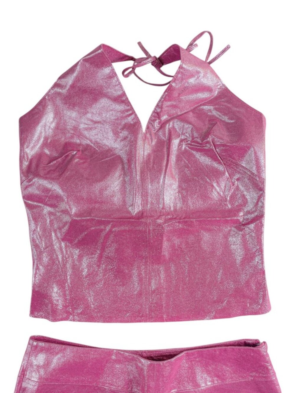 Rare Vintage Y2K Express Hot Pink 100% Leather Halter Top Skirt Set Sz XS Fest - Picture 7 of 16
